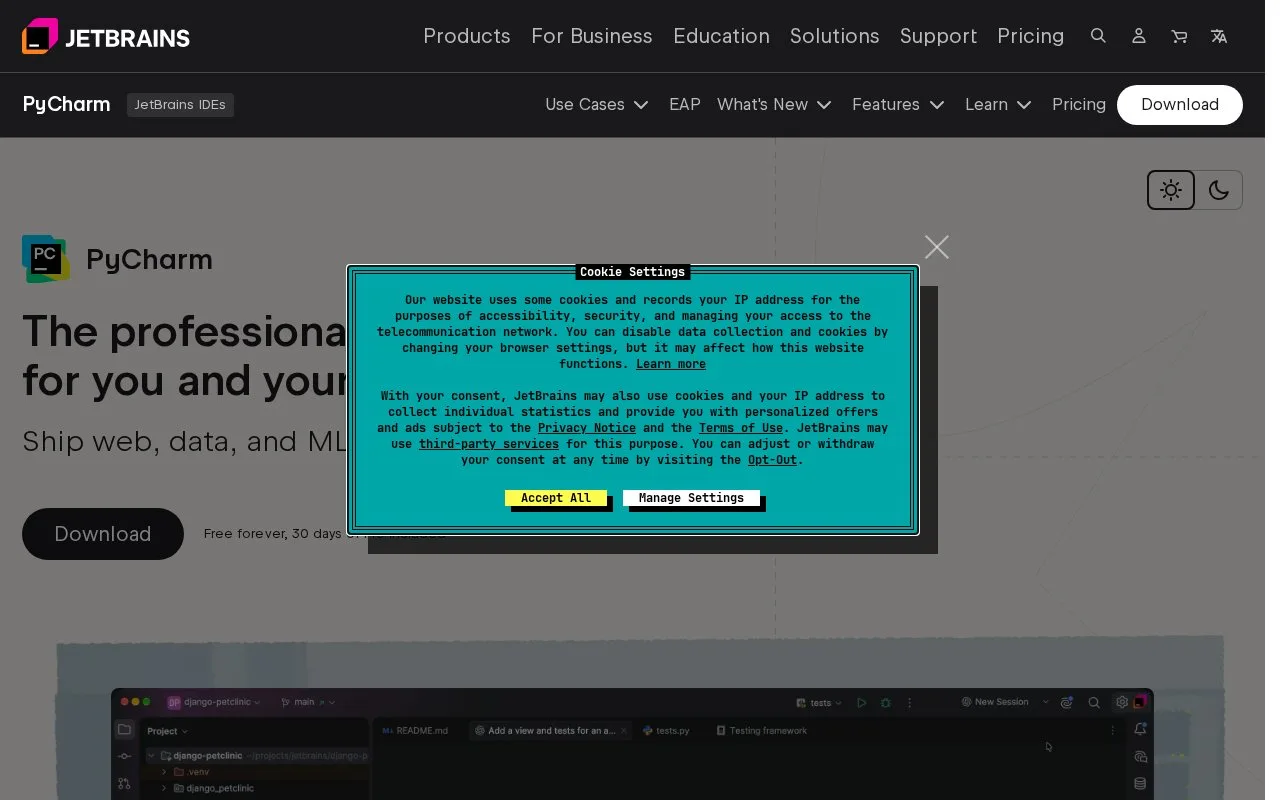 Screenshot of the PyCharm homepage
