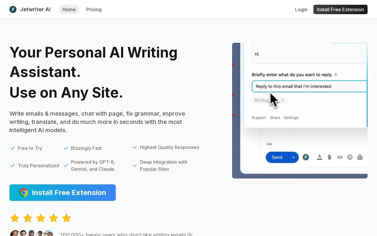 Screenshot of the Jetwriter AI homepage
