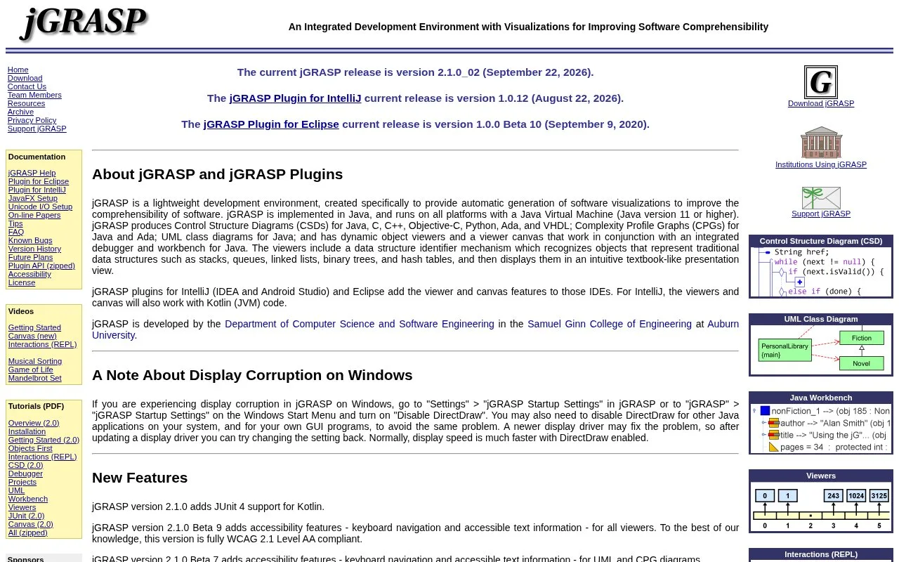 Screenshot of the jGRASP homepage