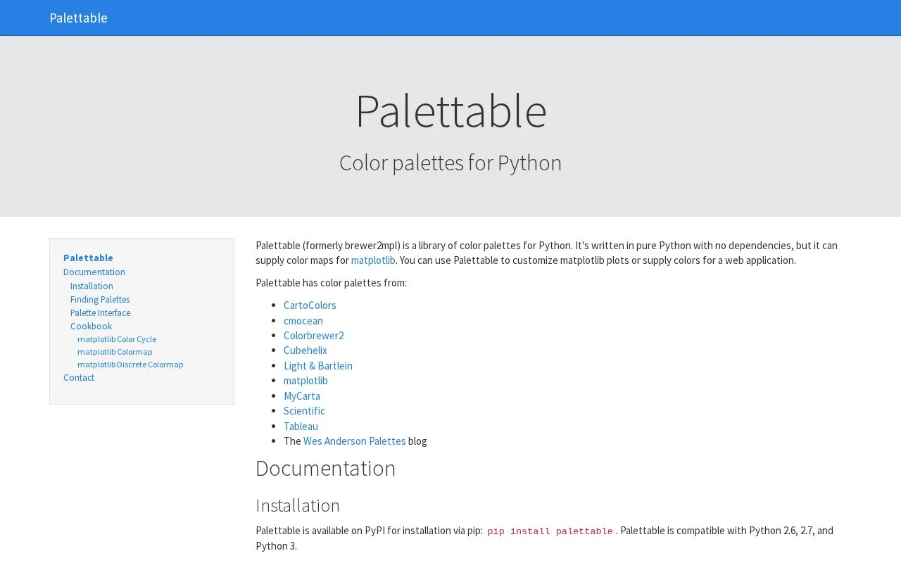 Screenshot of the Palettable homepage