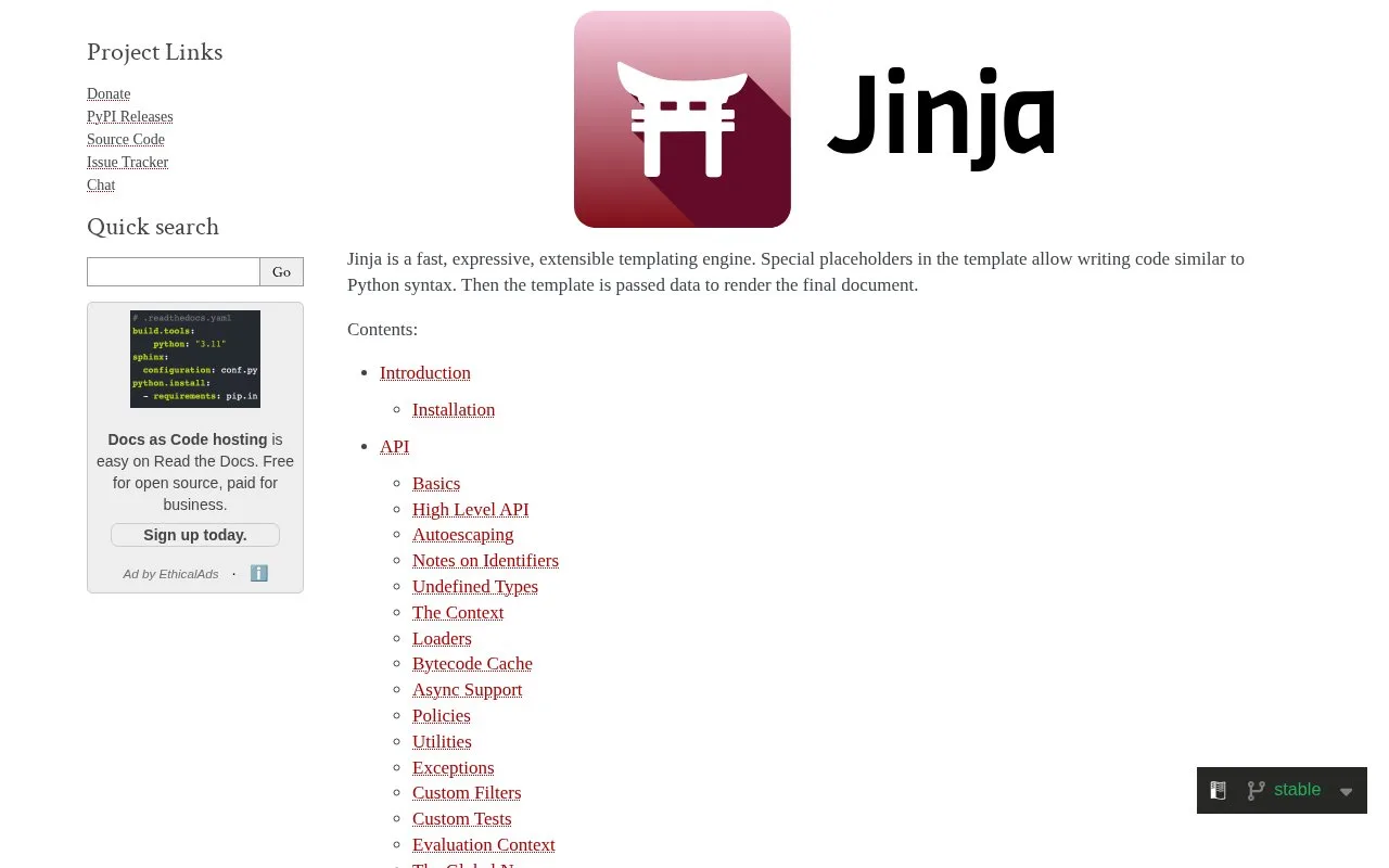 Screenshot of the Jinja homepage