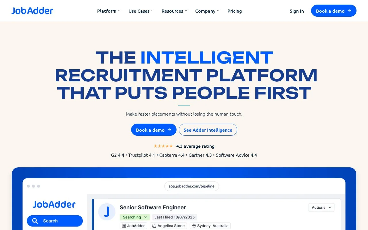 Screenshot of the JobAdder homepage