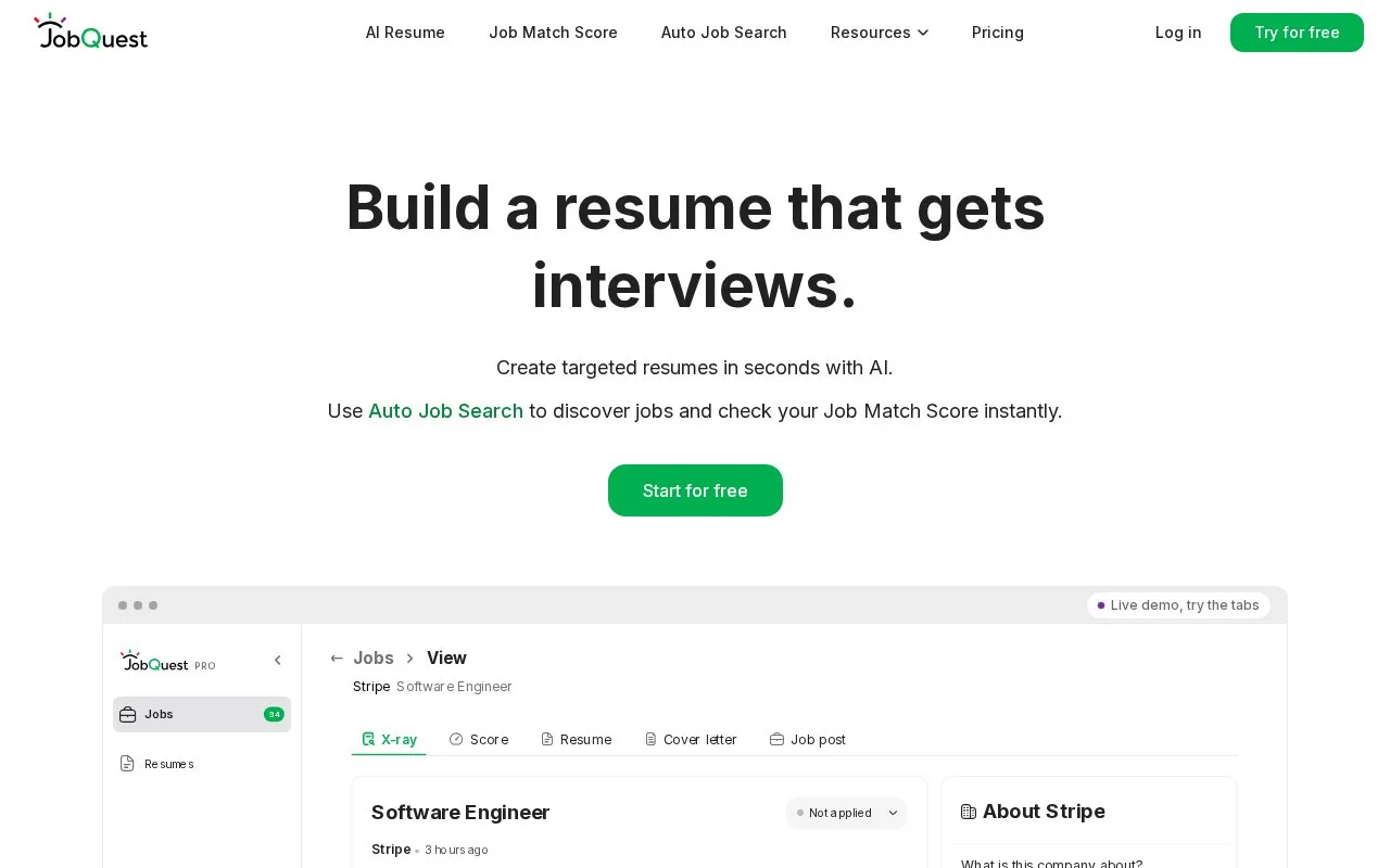 Screenshot of the JobQuest homepage
