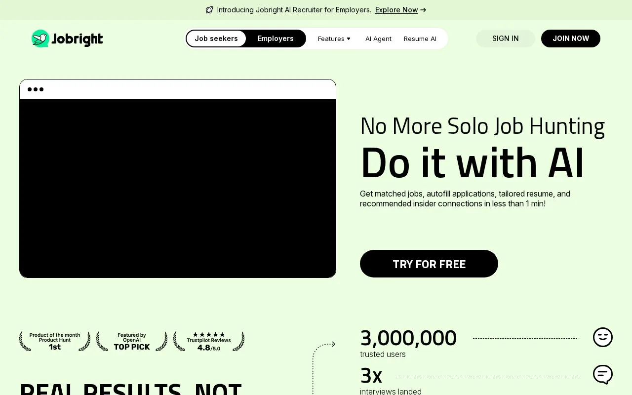 Screenshot of the Jobright homepage