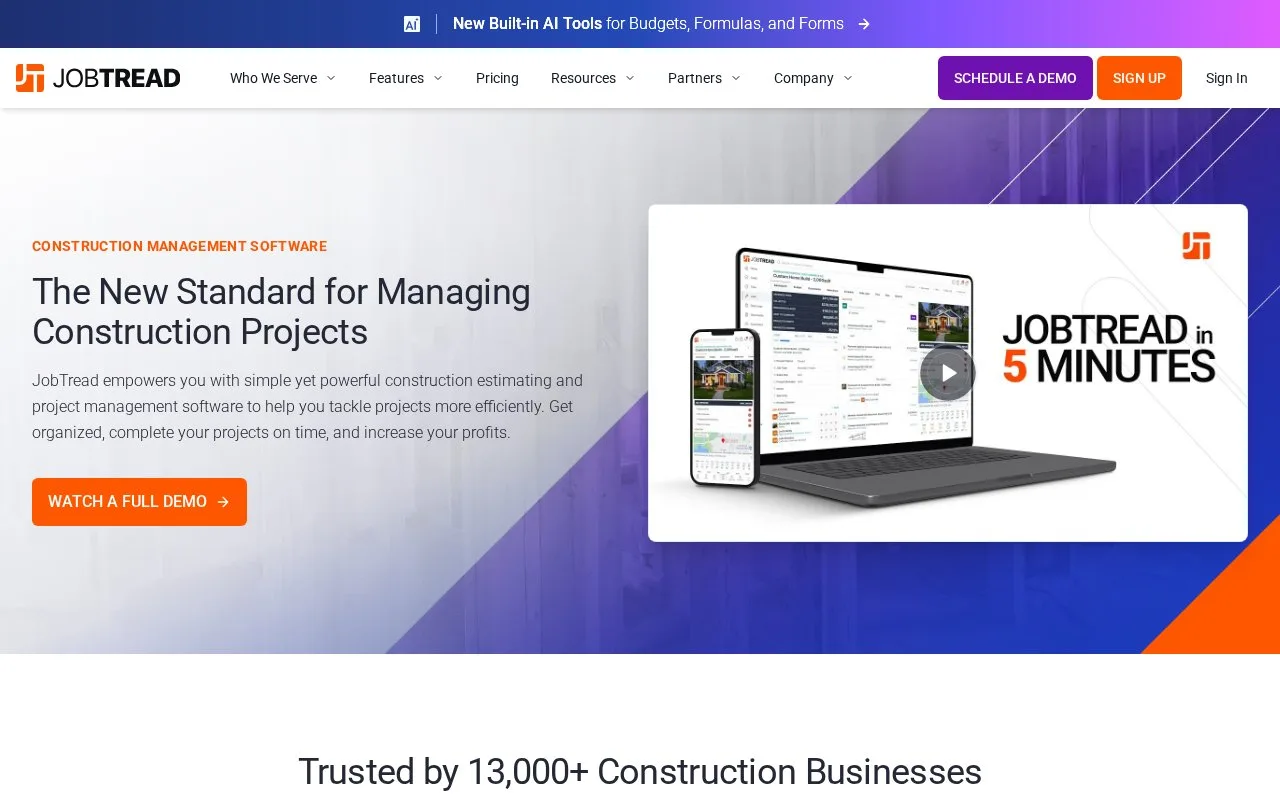 Screenshot of the JobTread homepage