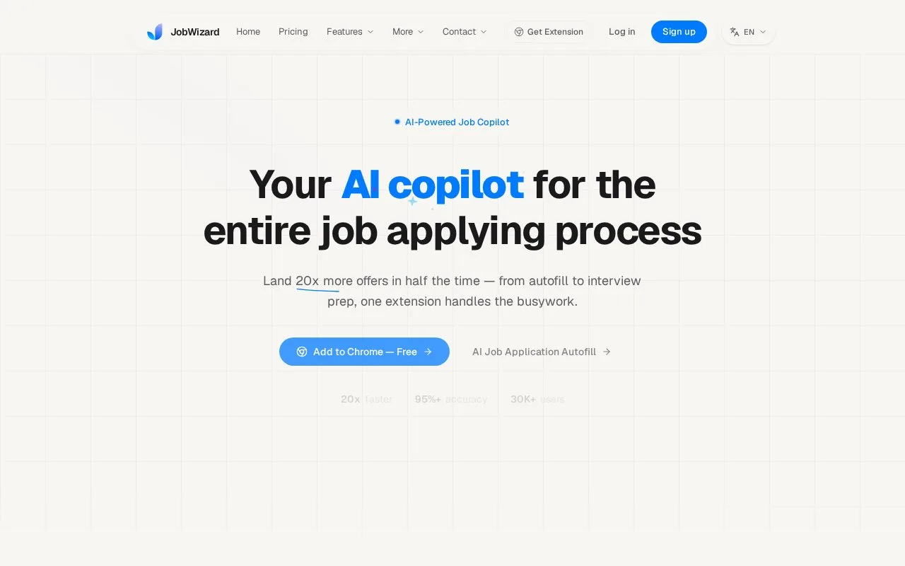 Screenshot of the JobWizard homepage
