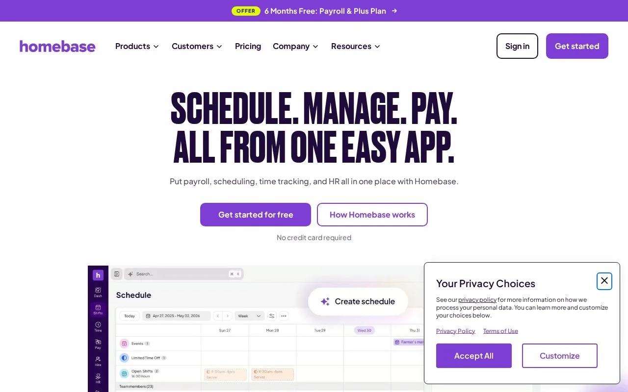 Screenshot of the Homebase homepage