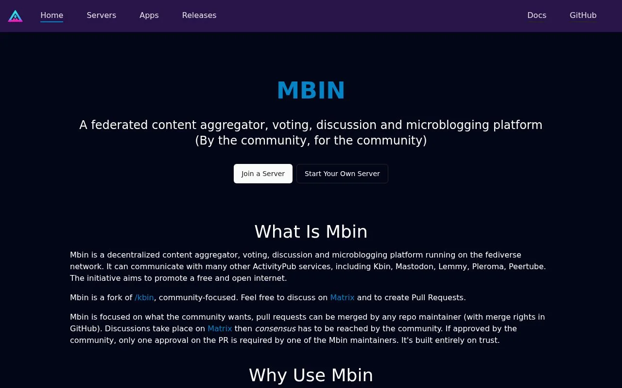 Screenshot of the Mbin homepage