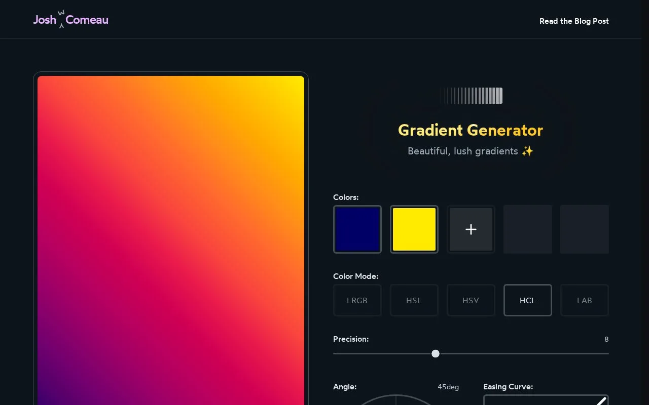 Screenshot of the Josh W. Comeau Gradient Generator homepage