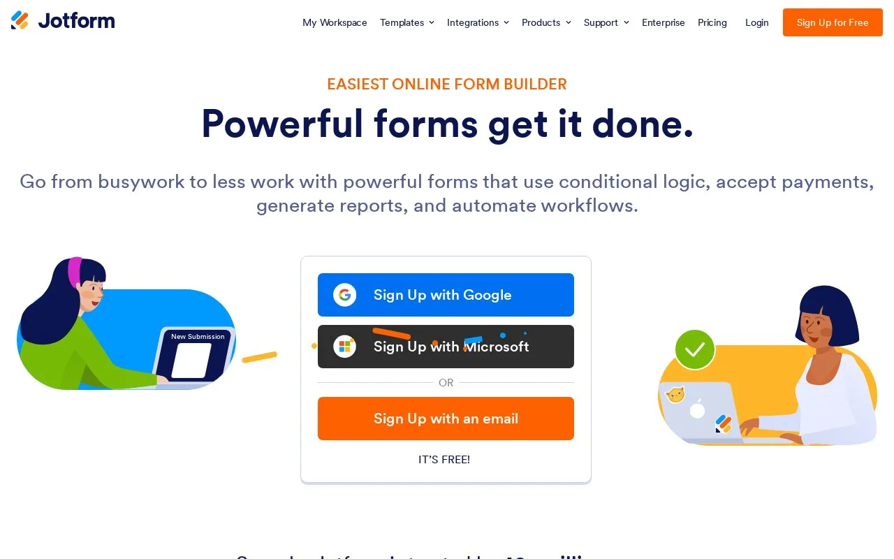 Screenshot of the Jotform homepage
