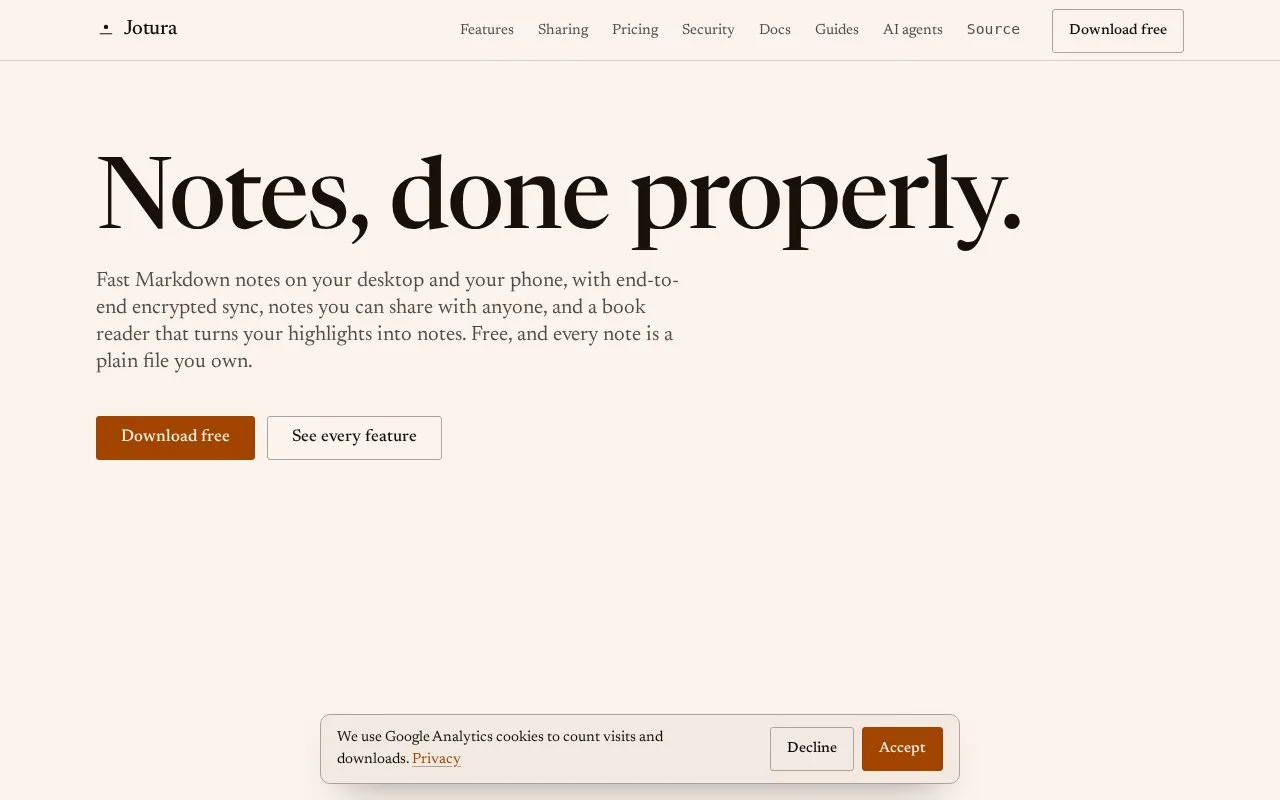 Screenshot of the Jotura homepage