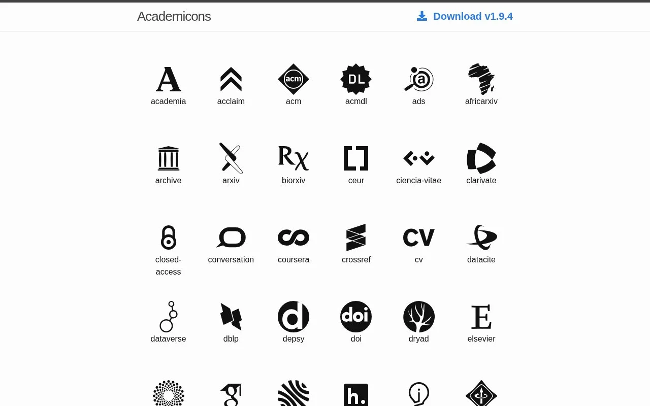 Screenshot of the Academicons homepage