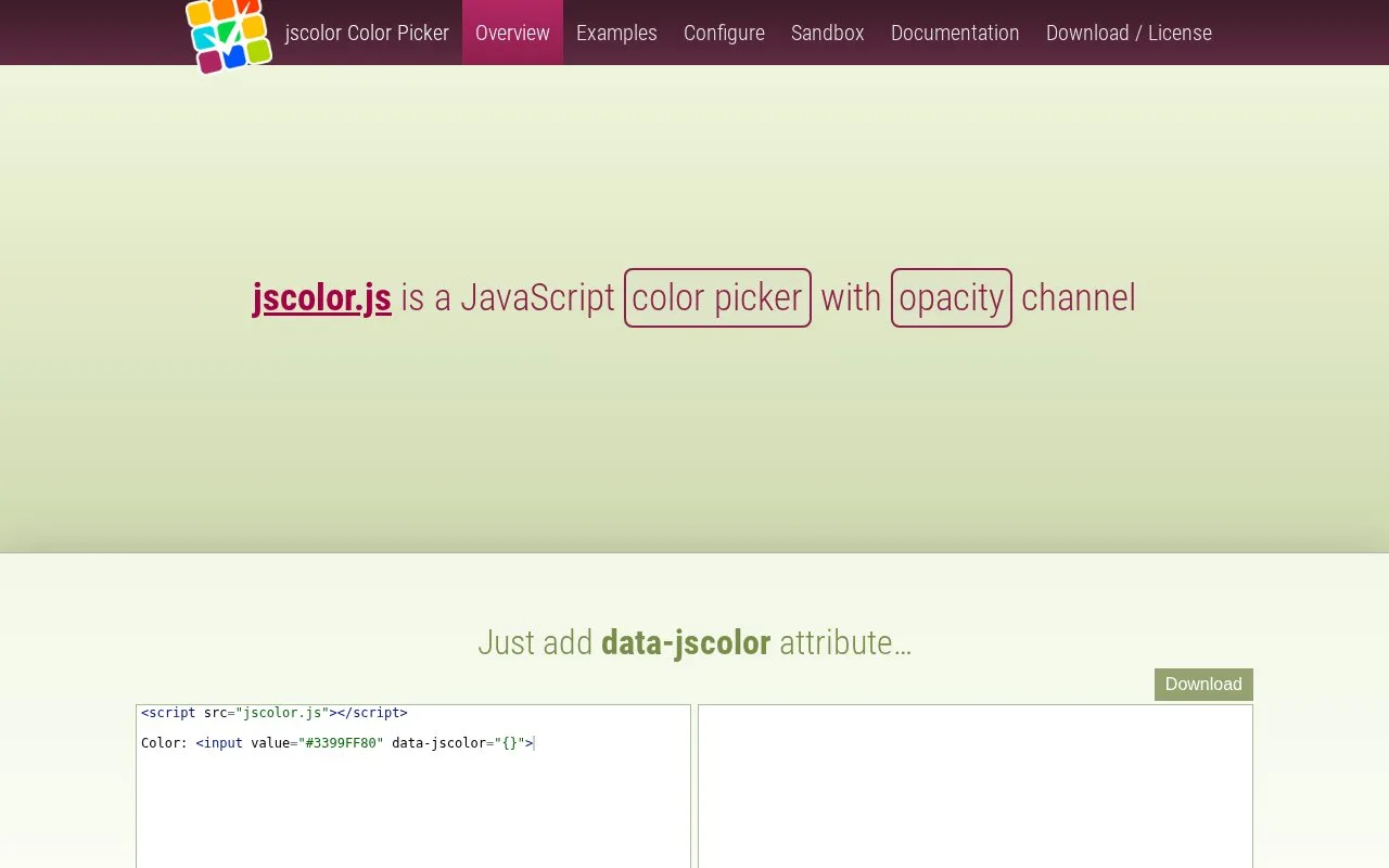 Screenshot of the jscolor homepage