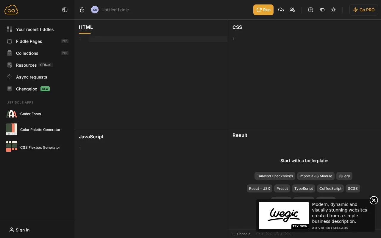 Screenshot of the JSFiddle homepage
