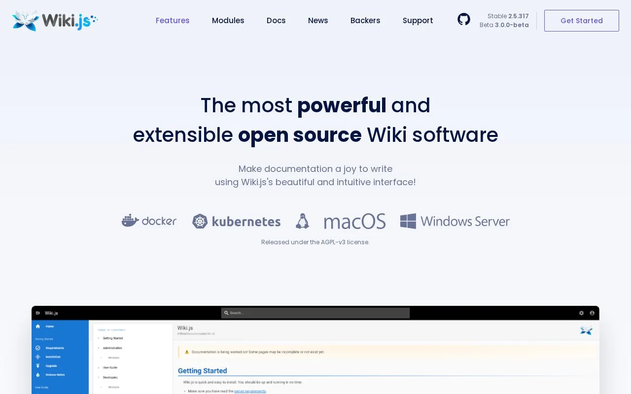Screenshot of the Wiki.js homepage