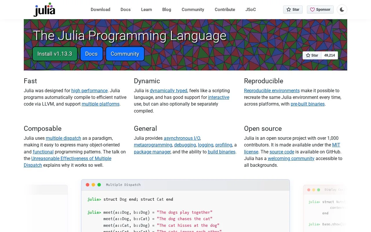 Screenshot of the Julia homepage