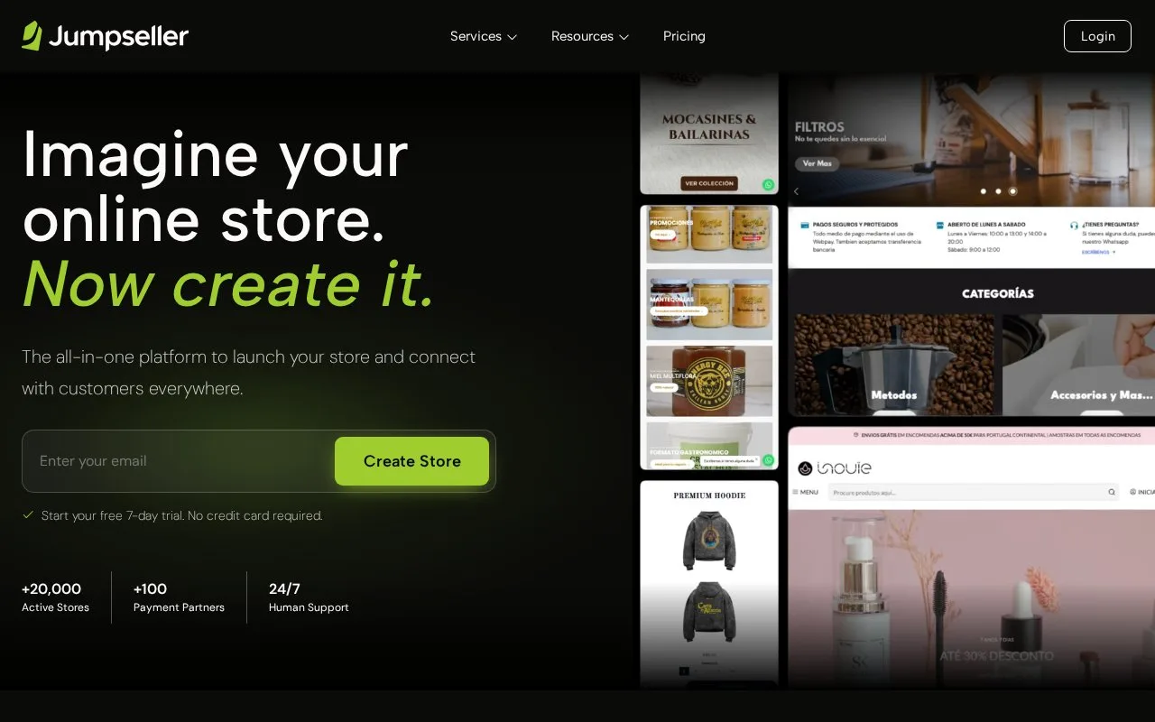 Screenshot of the Jumpseller homepage
