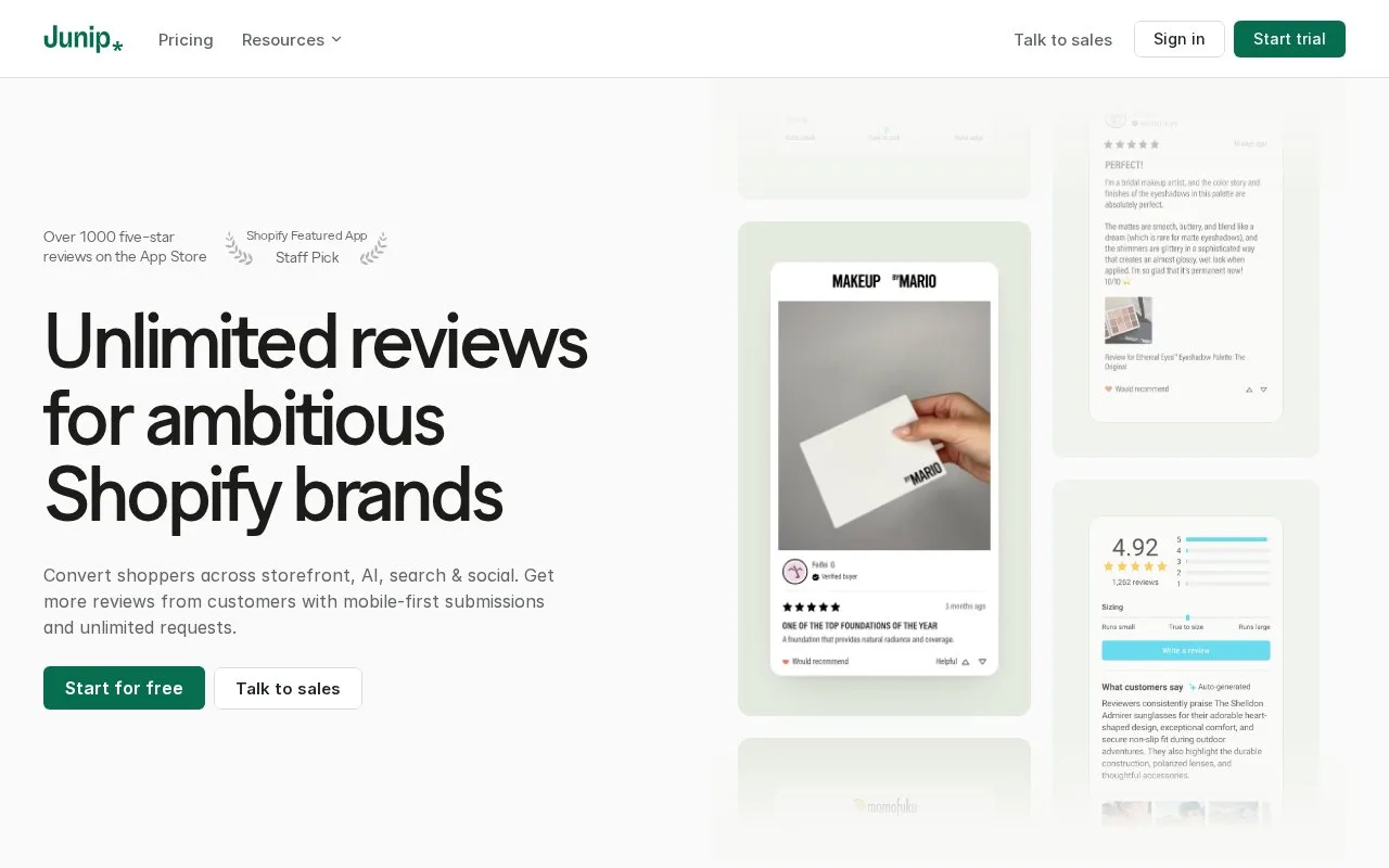 Screenshot of the Junip homepage