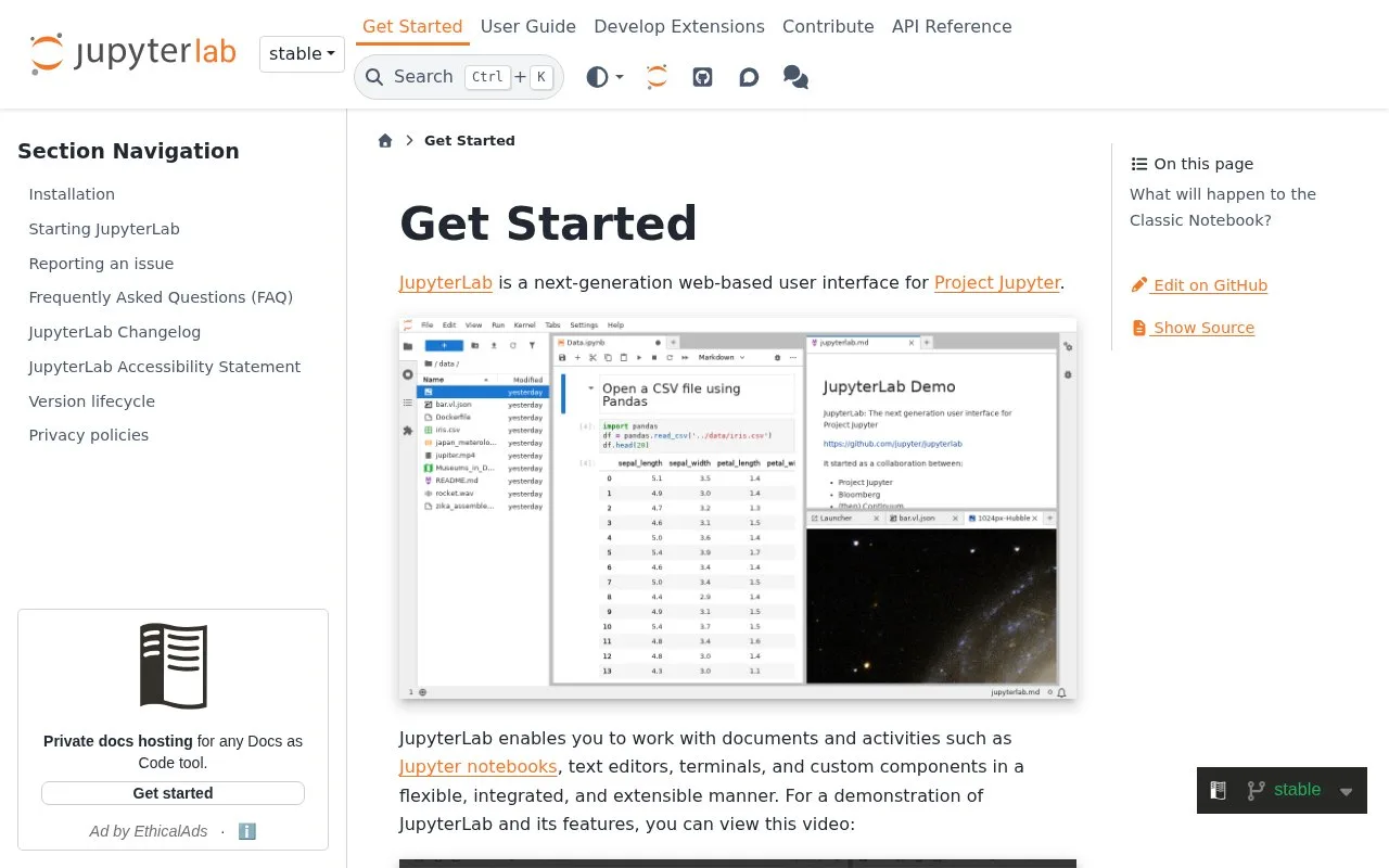 Screenshot of the JupyterLab homepage