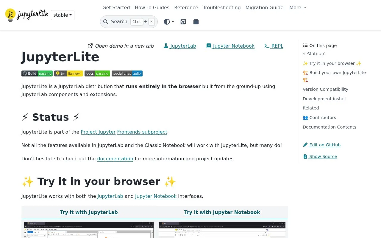 Screenshot of the JupyterLite homepage