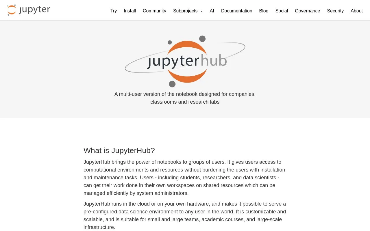 Screenshot of the JupyterHub homepage