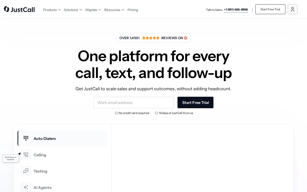 Screenshot of the JustCall homepage