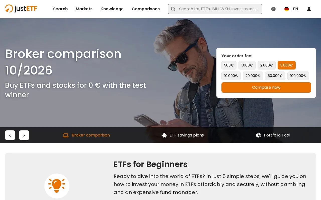 Screenshot of the justETF homepage