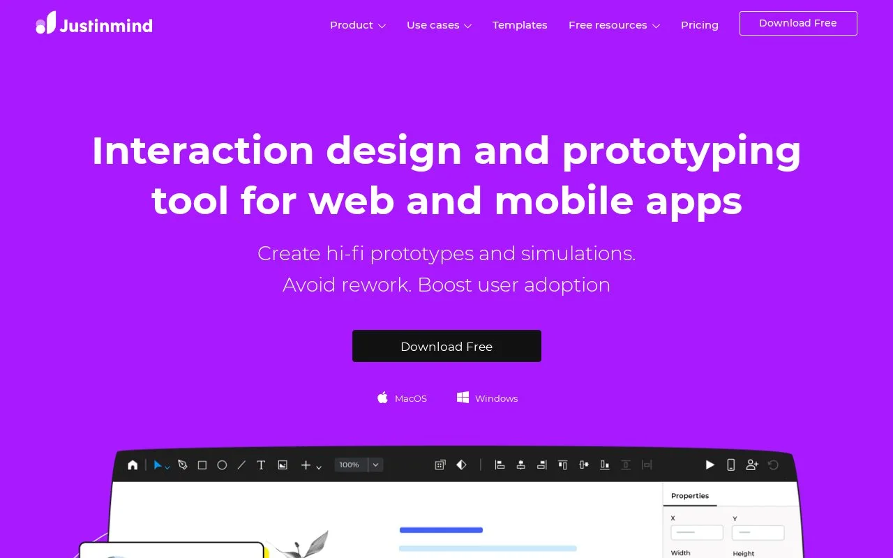 Screenshot of the Justinmind homepage