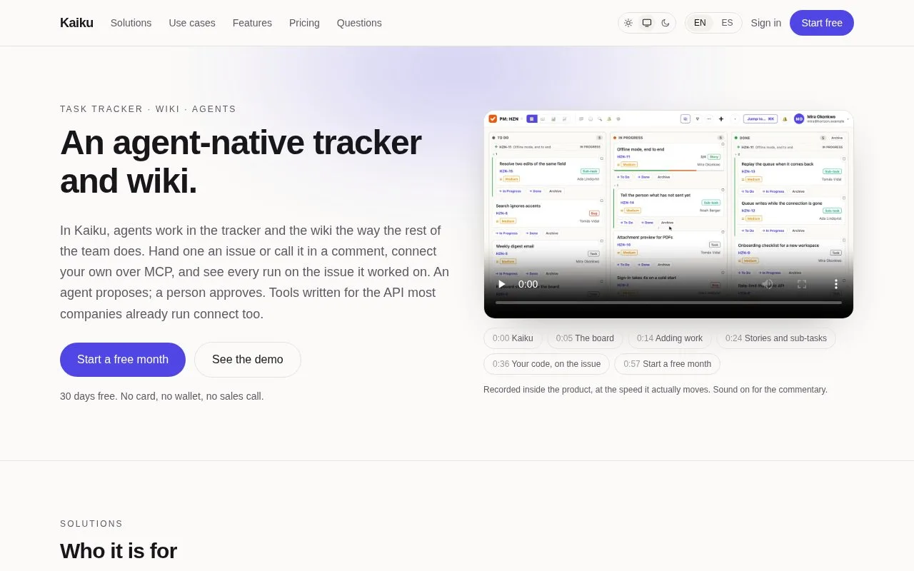 Screenshot of the Kaiku homepage