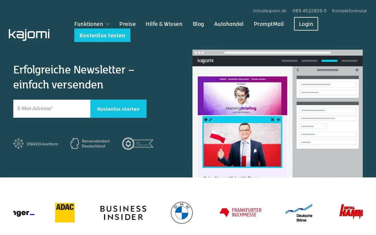 Screenshot of the kajomi MAIL homepage