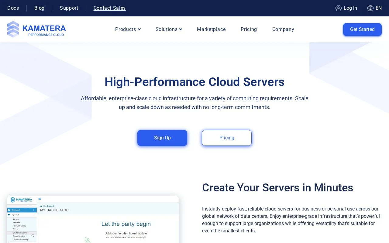 Screenshot of the Kamatera Cloud Servers homepage