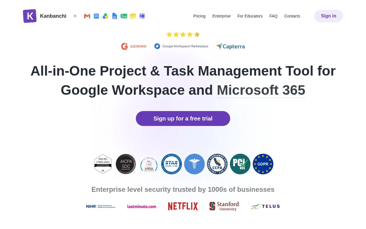Screenshot of the Kanbanchi homepage