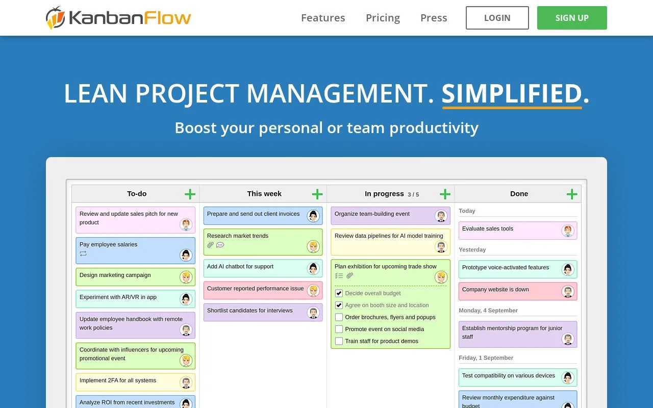 Screenshot of the KanbanFlow homepage