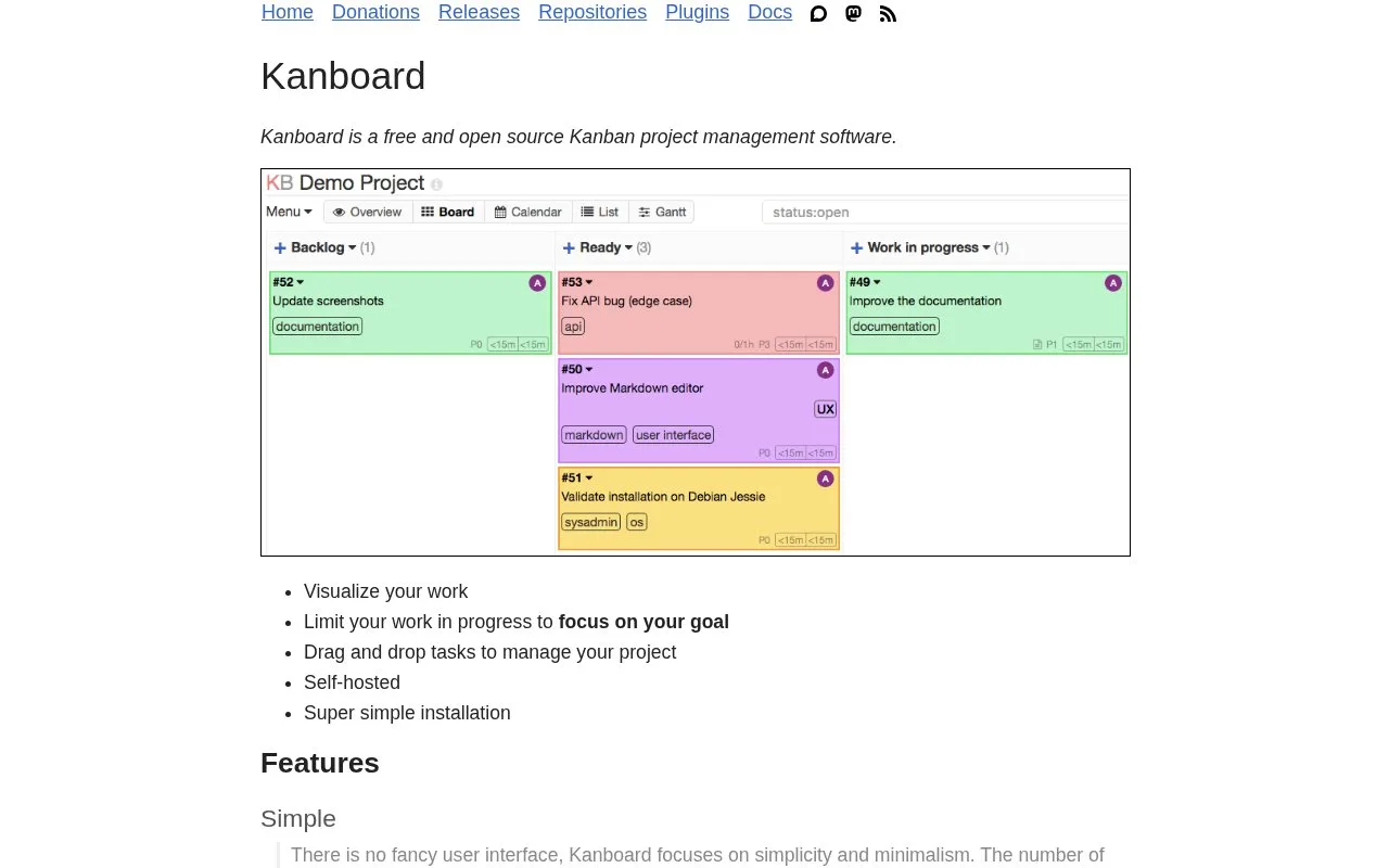 Screenshot of the Kanboard homepage