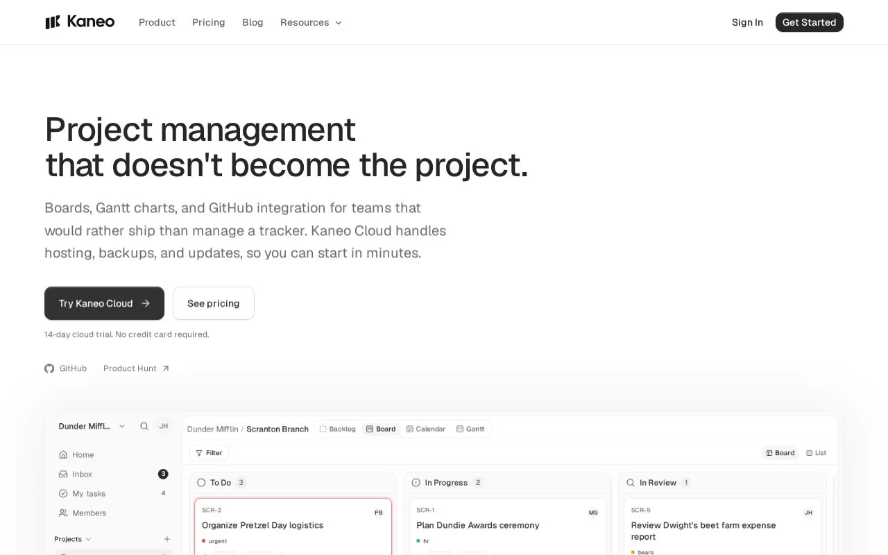 Screenshot of the Kaneo homepage