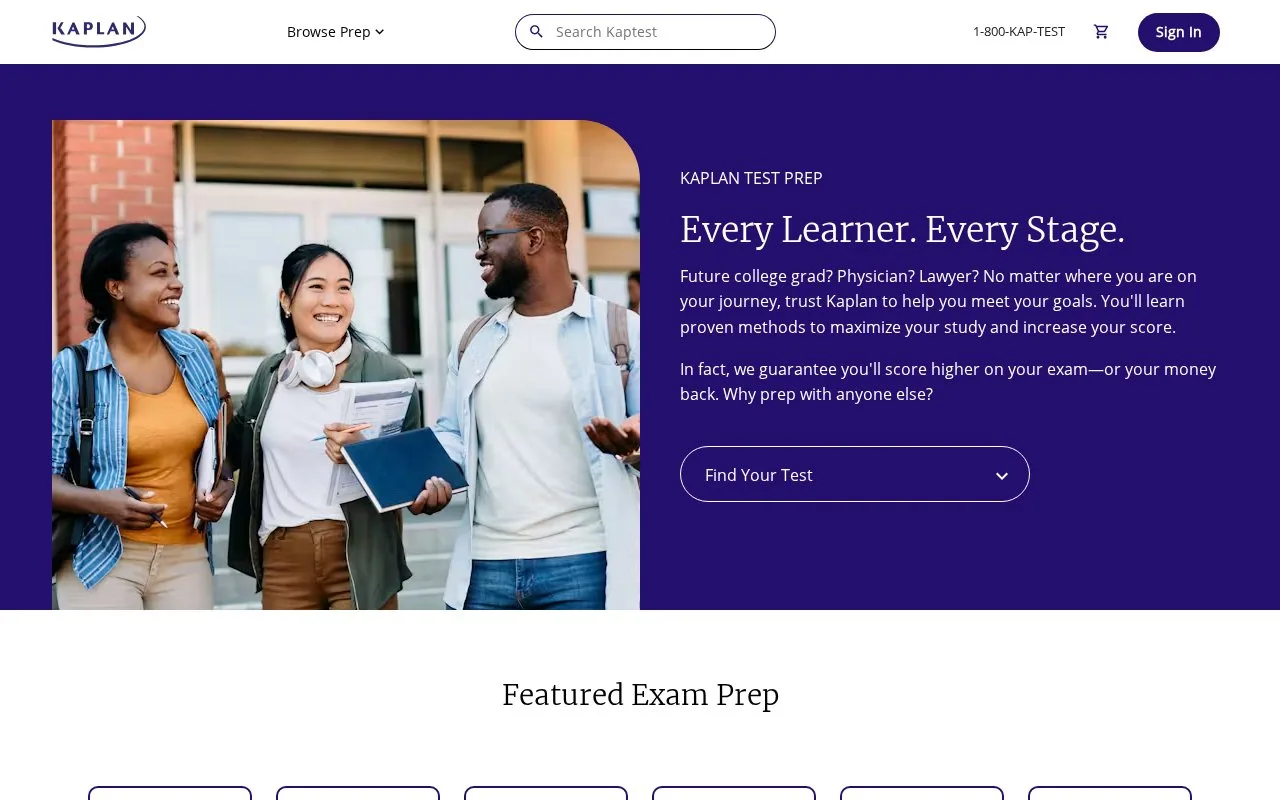 Screenshot of the Kaplan Test Prep homepage