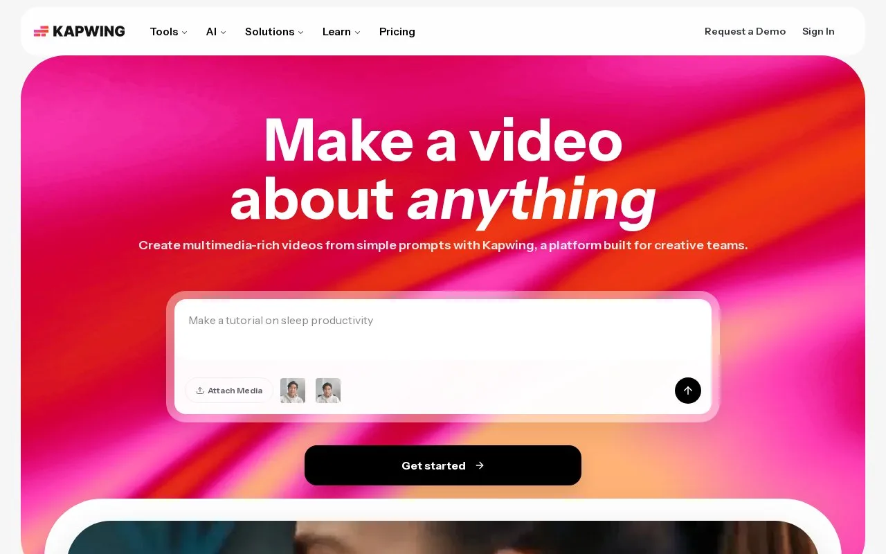 Screenshot of the Kapwing homepage