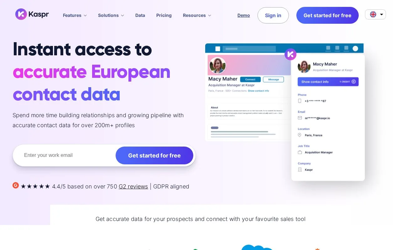 Screenshot of the Kaspr homepage