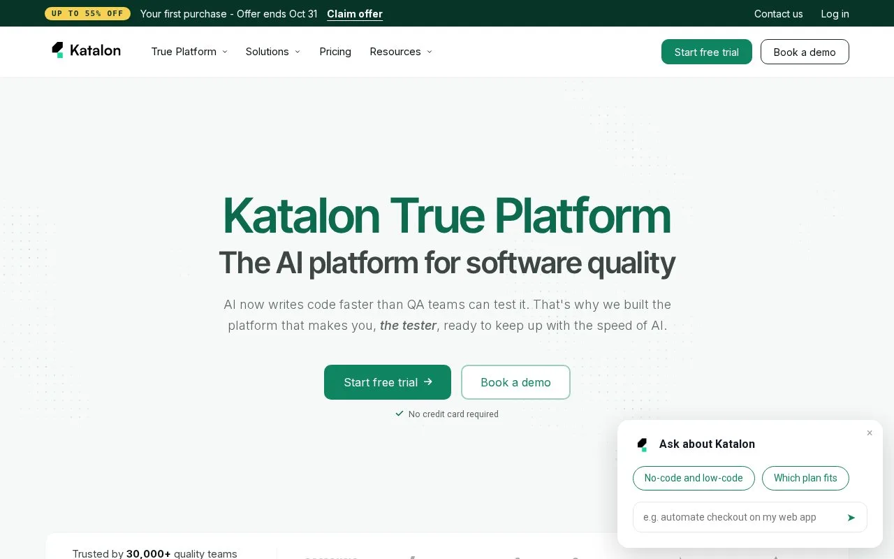 Screenshot of the Katalon homepage