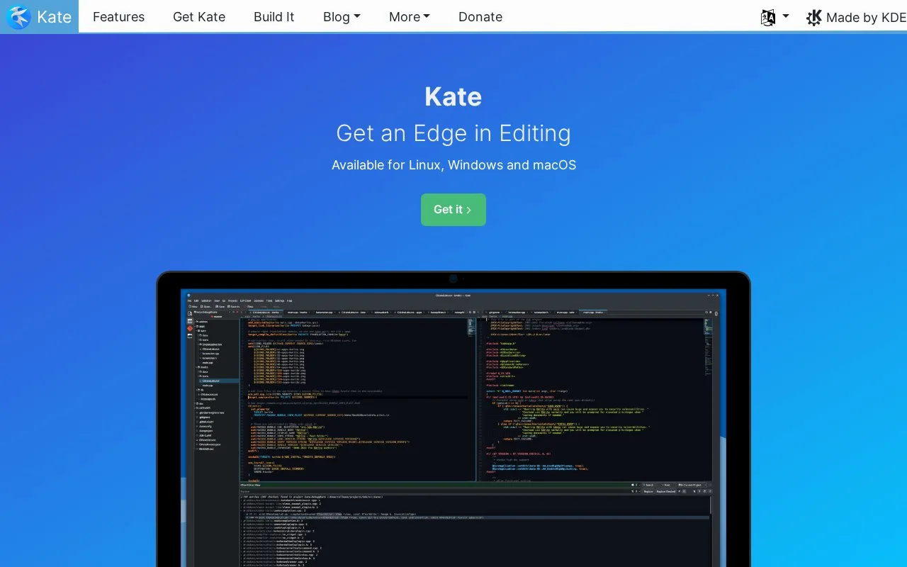 Screenshot of the Kate homepage