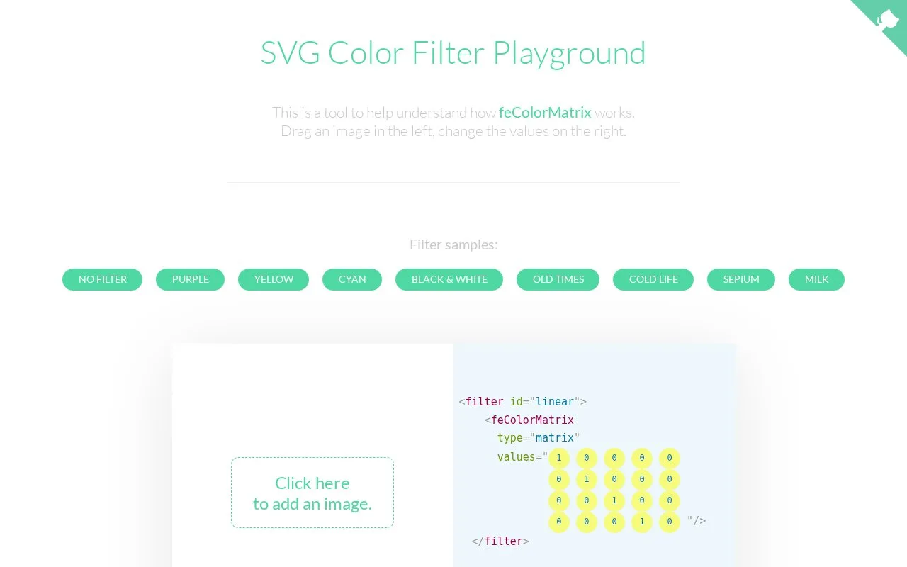 Screenshot of the SVG Color Filter Playground homepage