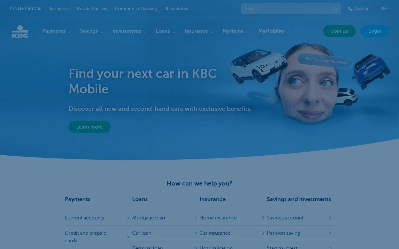 Screenshot of the KBC homepage