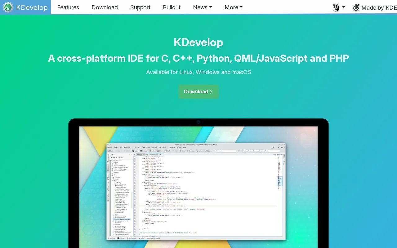 Screenshot of the KDevelop homepage