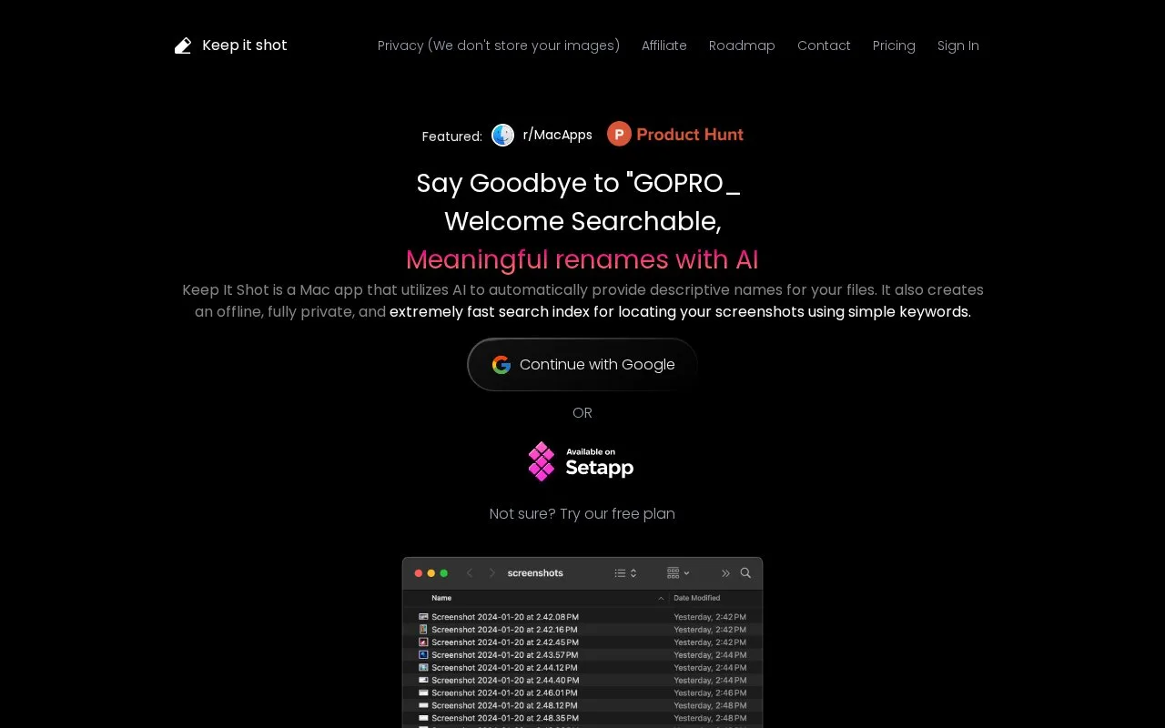 Screenshot of the Keep It Shot homepage