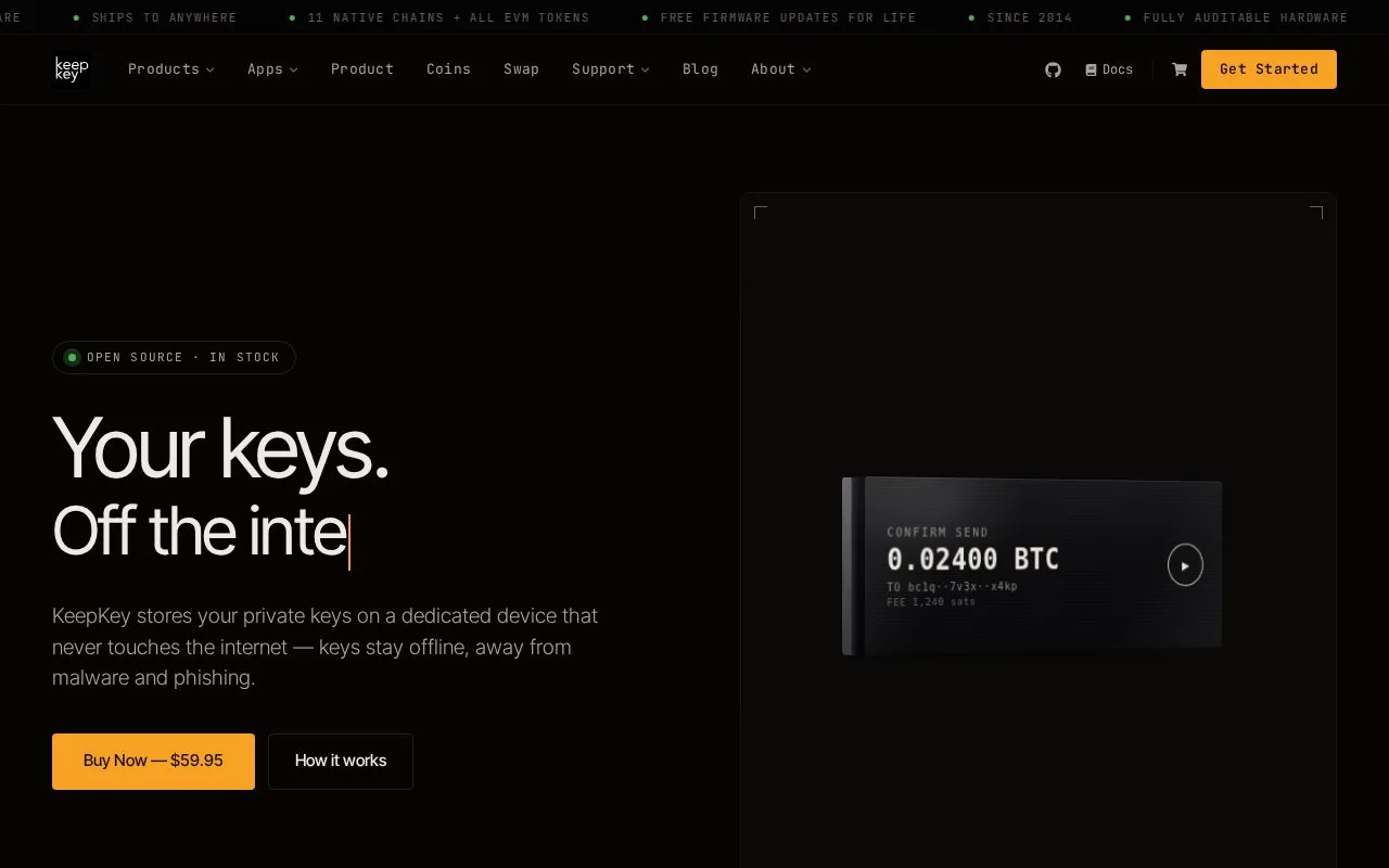 Screenshot of the KeepKey homepage