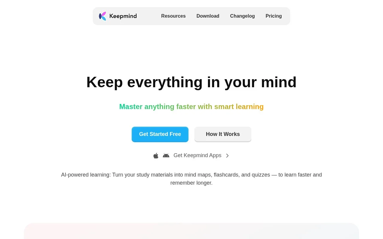 Screenshot of the Keepmind homepage