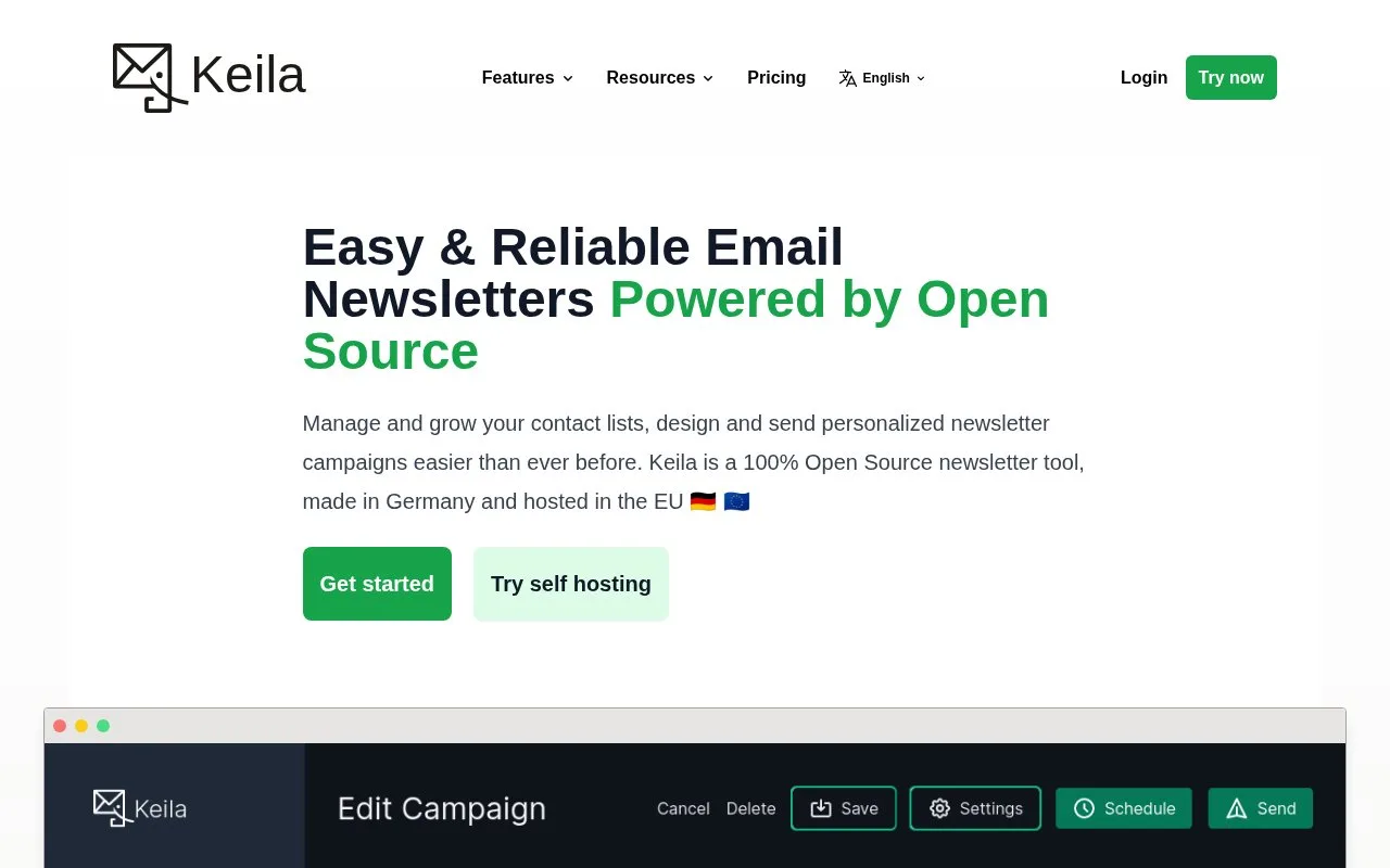 Screenshot of the Keila homepage
