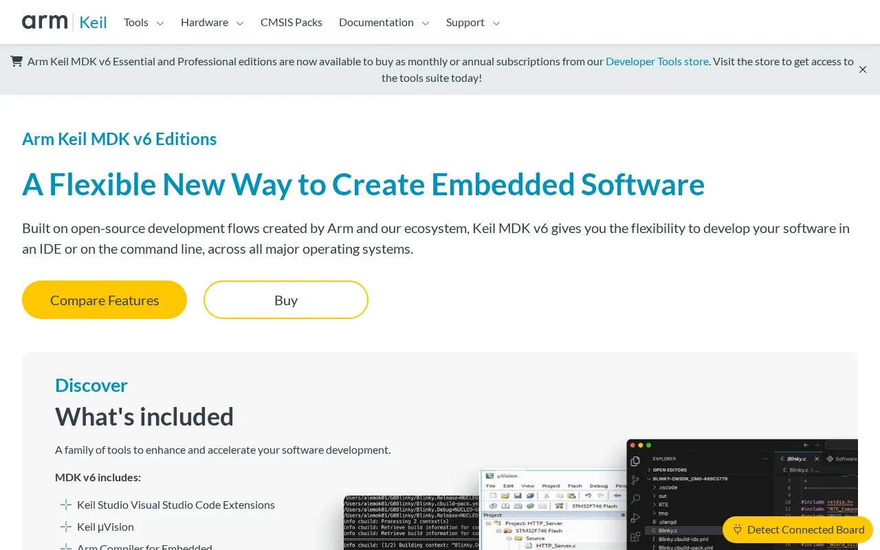 Screenshot of the Arm Keil MDK (µVision IDE) homepage