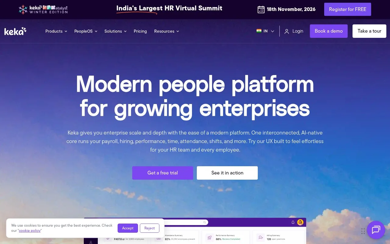 Screenshot of the Keka homepage