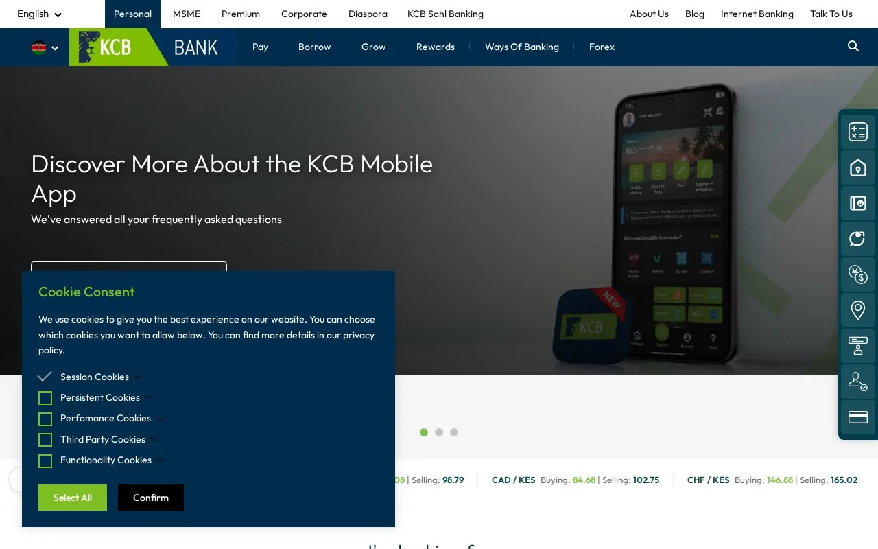 Screenshot of the KCB Bank homepage